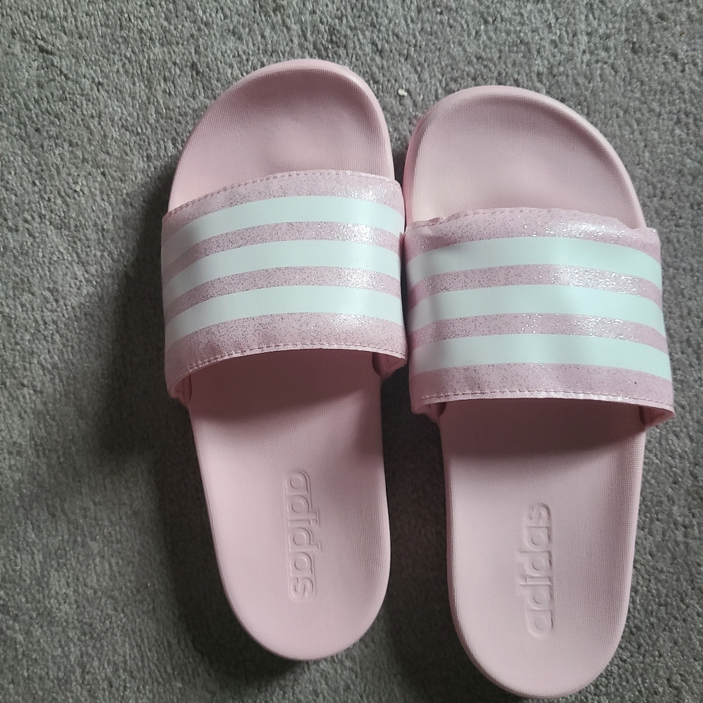 Women's Adidas Pink + White Slip On Sandals Size US 5 BOGO